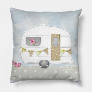 White Caravan with bunting Pillow