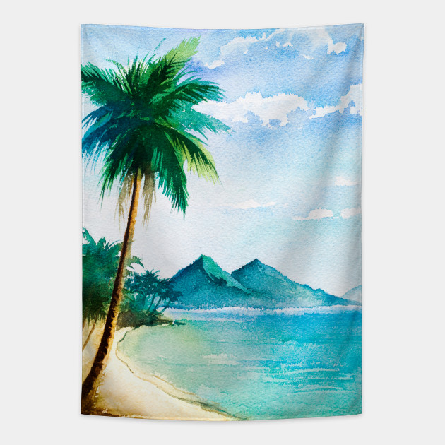 Watercolor Tropical Beach Scene With Palm Trees Beach Scene With Palm Tree Tapestry Teepublic
