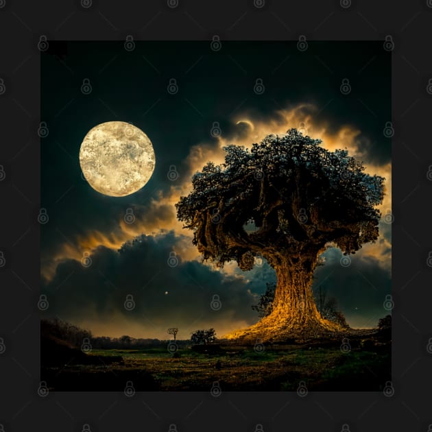 Large old oak tree at night surrounded by glowing magic mushrooms on the ground and a full moon in the sky with fractal clouds by Riverside-Moon