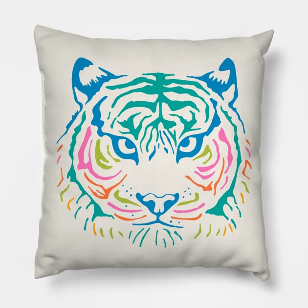 TIGER'S EYE Staring Wild Big Cat Tiger Face Head in Rainbow Colours - UnBlink Studio by Jackie Tahara Pillow by UnBlink Studio by Jackie Tahara