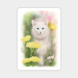 White Cat in the Flower Garden Soft Pastel Colors Magnet