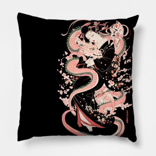 Japanese Girl With Dragon and Cats 2 T-Shirt 01 Pillow