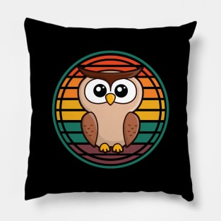 Wise Old Owl w/ Big Eyes Colorful Retro Sunset in Background Pillow