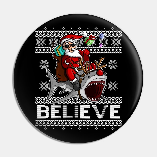 BELIEVE Santa Claus Rudolph the Rednose Shark CHRISTMAS UGLY SWEATER Pin by Frontoni