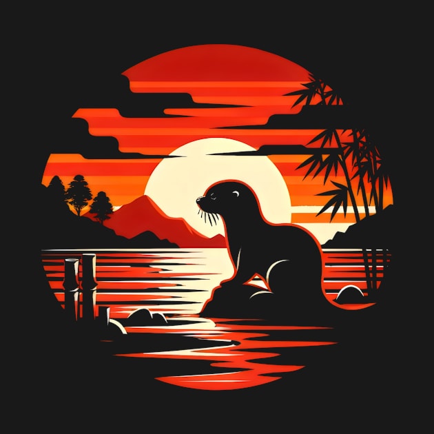 Aquatic Animal Vintage Sunset Cute Japanese Art Otter by Willie Biz Merch