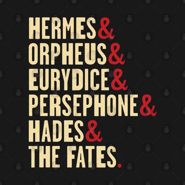 Hadestown Character Names - Hermes, Orpheus, Eurydice, Persephone, Hades & the Fates by redesignBroadway