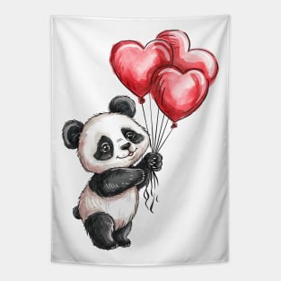 Valentine Panda Bear Holding Heart Shaped Balloons Tapestry