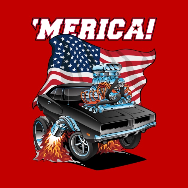 Merica Patriotic Classic Hot Rod Muscle Car USA Flag Cartoon by hobrath