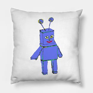 Happy Blue Robot Drawing Pillow