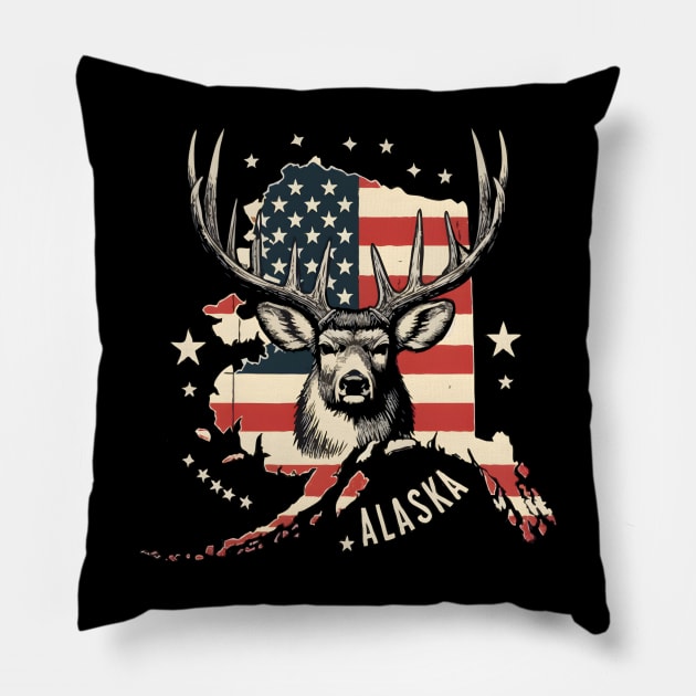 Deer Hunting American Flag Hunter Alaska Vintage 4th Of July Pillow by TopTees