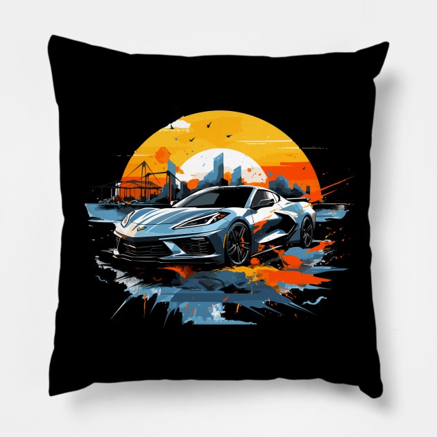 Hypersonic Gray C8 Corvette Racecar Industrial Sunset Pillow by Tees 4 Thee