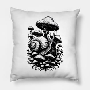 Monochromatic Snail Overgrown Mushrooms Garden Pillow