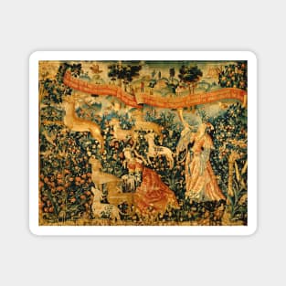 MEDIEVAL DEER HUNTING SCENE WITH LADIES AND DOGS Antique Flemish Tapestry Magnet