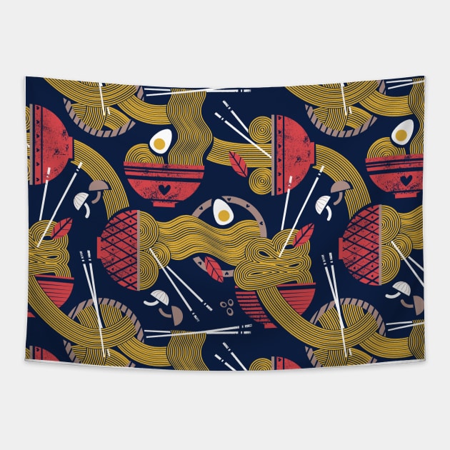 Noodles connection // pattern // midnight blue background teal and red bowls yellow pasta Tapestry by SelmaCardoso