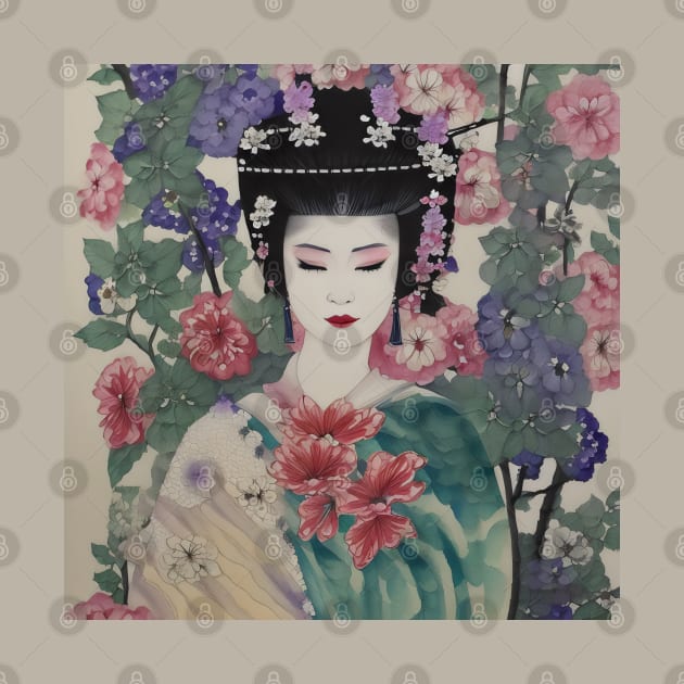 Japanese geisha with flowers, watercolor by Ravenglow