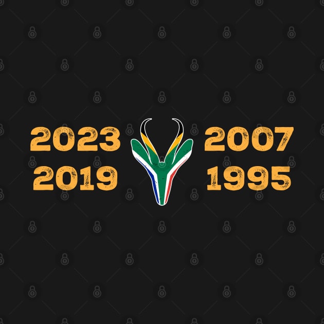 South Africa Four Time World Rugby Champs Vintage T-Shirt | Springbok Head & Flag 2023 2019 2007 1995 | Nou Gaan Ons Braai | Lekker by BraaiNinja