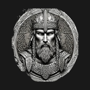 Noble Viking King Warrior with Ornate Celtic Knot Armor in black and grey T-Shirt