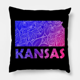 Colorful mandala art map of Kansas with text in blue and violet Pillow