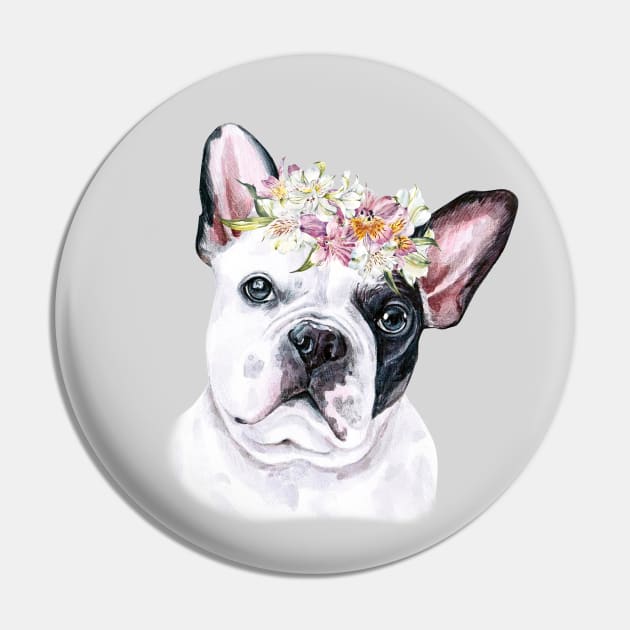 Cute French Bulldog with Pink Flower Hair Wreath Illustration Art Pin by AdrianaHolmesArt