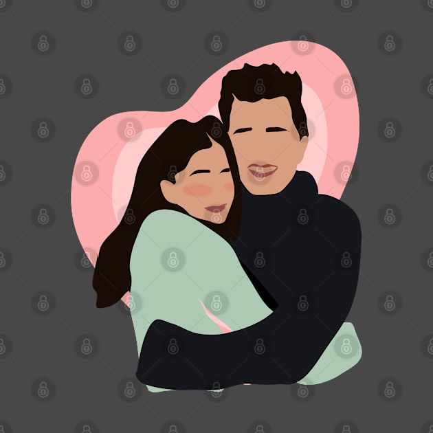 cute couple hugging with pink heart in backgorund, vector illustration, without face, by zaiynabhw