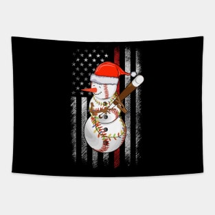 Christmas Snowman Playing Baseball with Us Flag Background Tapestry