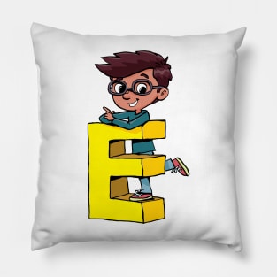 boy stands on the capital letter E Pillow