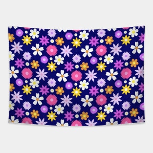 70s Style Retro Flower Pattern Color on Blue Tapestry