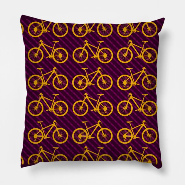 Mountain Bicycle vector set collage with Vibrant yellow and violet colors and bike chain pattern Pillow by Drumsartco