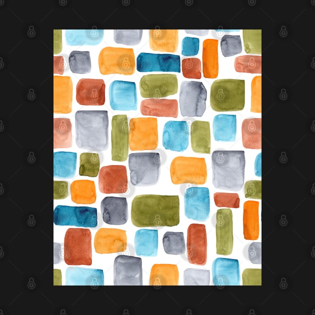 Color blocking: Hand-painted watercolor rectangle shapes in autumnal colors olive, teal, orange, rust and turquoise as a seamless surface pattern design by nobelbunt