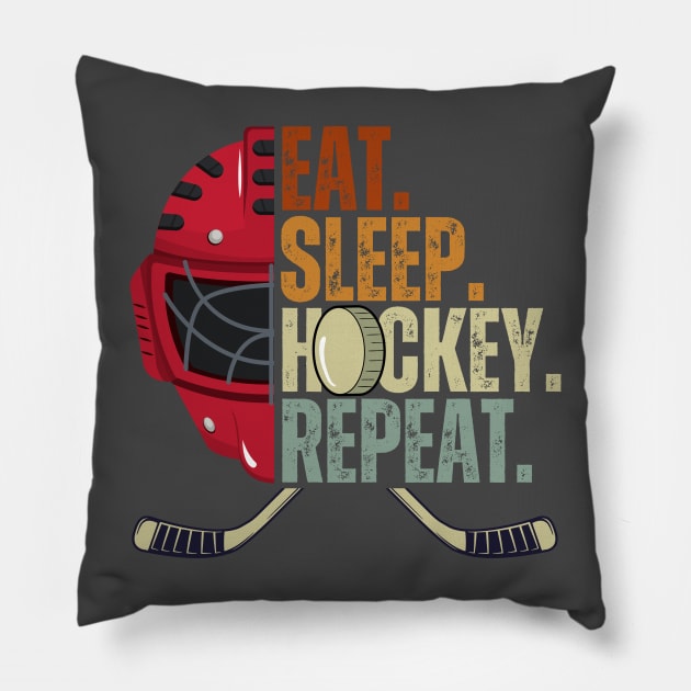 Eat Sleep Hockey Repeat Kids Adult Ice Hockey Retro Vintage Pillow by Just Me Store