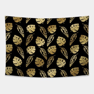 Black and Gold Monstera Leaves Botanical Pattern Tapestry