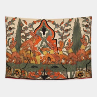 FOREST ANIMALS ,RED RABBITS AMONG FLOWERS AND GREEN LEAVES Tapestry