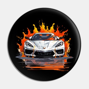 Arctic White C8 Corvette Racecar with Flaming Background Pin