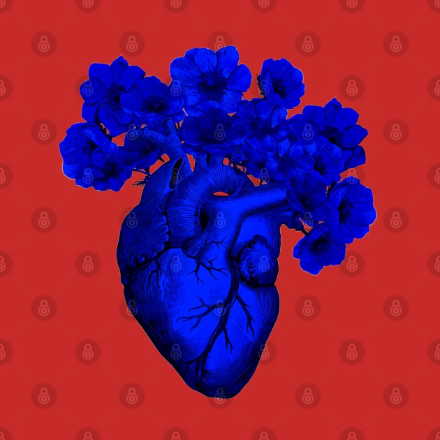 human heart  blue color with crow flowers blue anemones by Collagedream