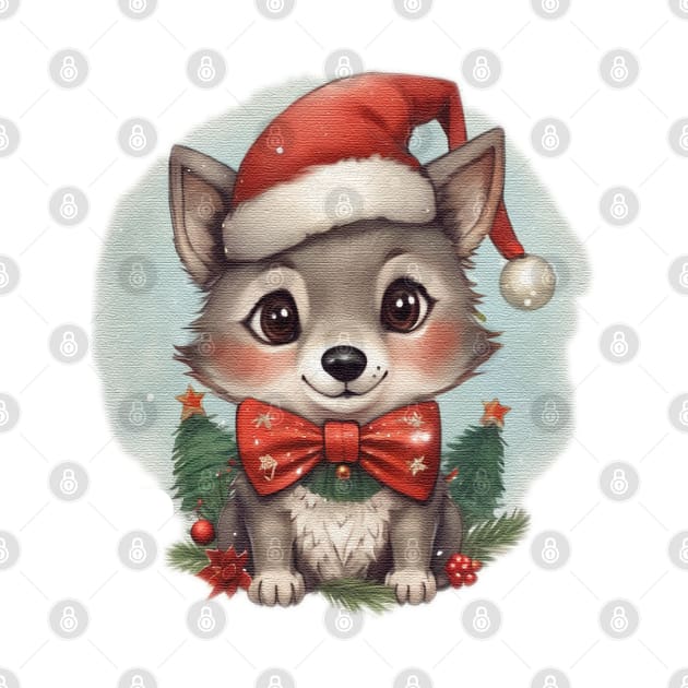 cute little Wolf cub wearing a santa hat by JnS Merch Store