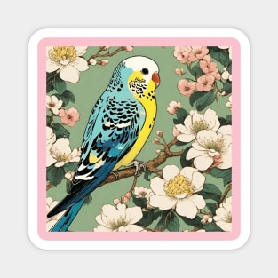 Cute Parakeet in Vintage Japanese Blossoms Parakeet Bird Mom Magnet