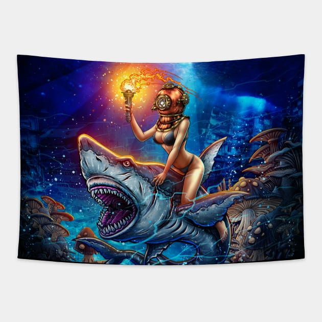 Diver girl retro and angry shark Tapestry by Winya