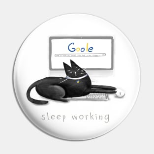 Cartoon black sleeping cat on a laptop and the inscription "Sleep working". Pin