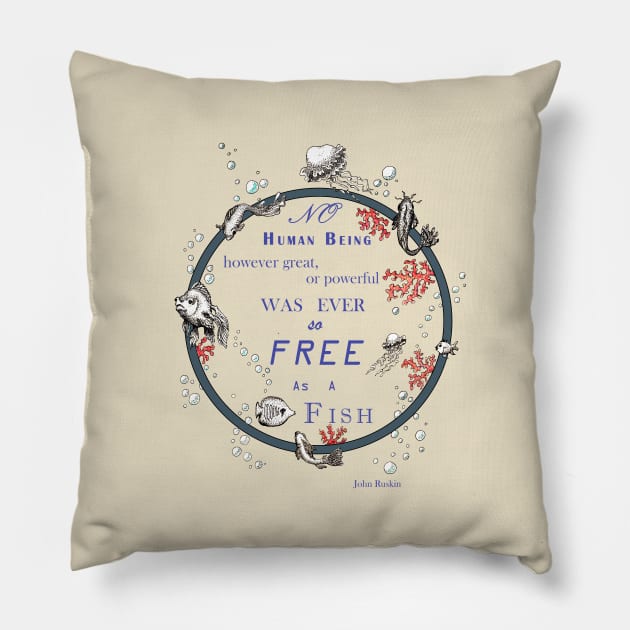 Inspirational quote from a Victorian philosopher on freedom and fish. Salmon, purple and grey design. Pillow by LucyDreams