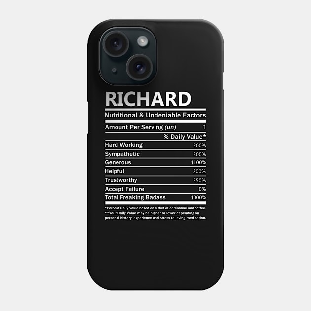 Richard Name T Shirt - Richard Nutritional and Undeniable Name Factors Gift Item Tee Phone Case by nikitak4um