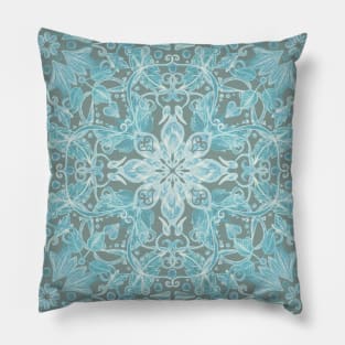 Soft Teal Blue & Grey hand drawn floral pattern Pillow