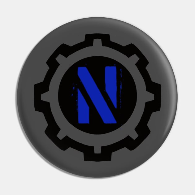 Blue Letter N in a Black Industrial Cog Pin by MistarCo