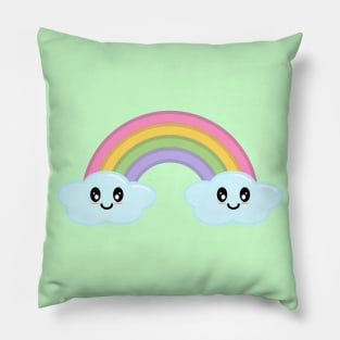 Kawaii Cute Happy Rainbow and Clouds in Green Pillow