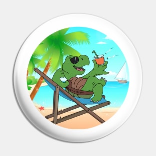 Turtle Chilling At Beach With Sunset Comic Style Pin