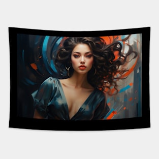 Modern Stunning Brunette Woman — Blue Black Red & Gray Background Tapestry