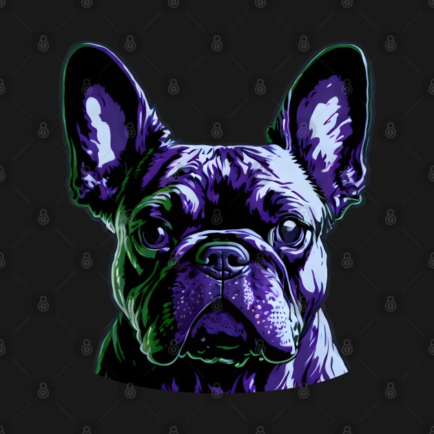 Green and Purple French Bulldog Face by CandyApparel