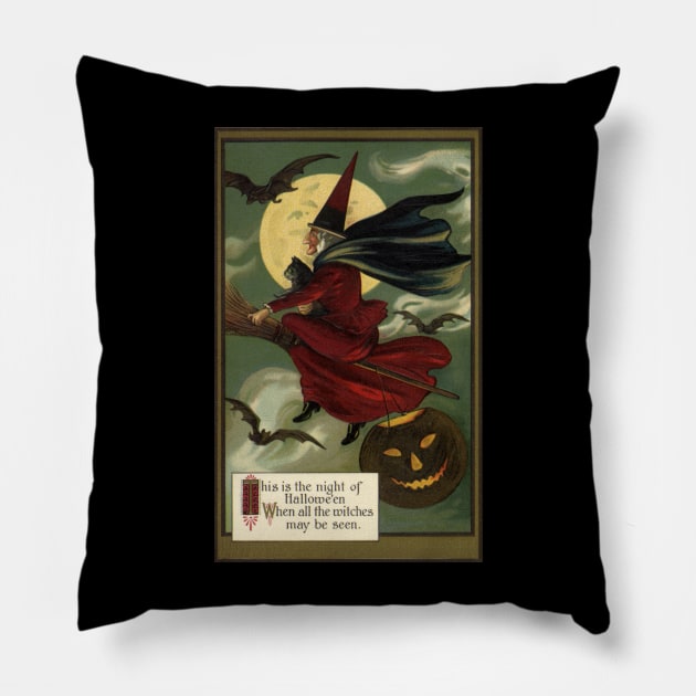 Vintage Halloween, Witch on a Broomstick Pillow by MasterpieceCafe