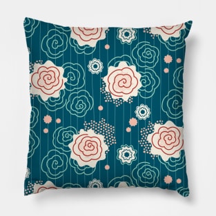 Dusky rose retro mid-century flowers pattern - teal, green, red, cream Pillow