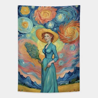 Starry Night Odyssey: Van Gogh-Inspired Landscape with Enigmatic Woman Tapestry