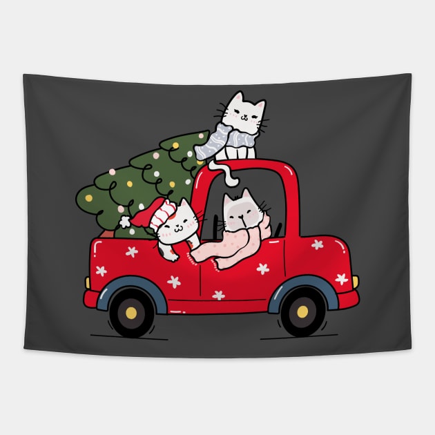 cute kitten cat with christmas tree on red truck car Tapestry by UnikRay